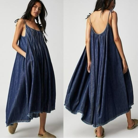 Free People Denim Dreams Midi Dress in 70s Blue Size XS Jean Jumper Retro - Picture 4 of 15